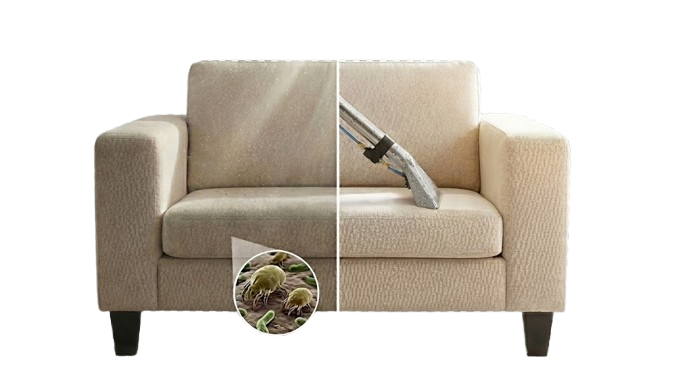 Beige sofa split in half to show dusty, mite-infested left side and clean right side being vacuumed.