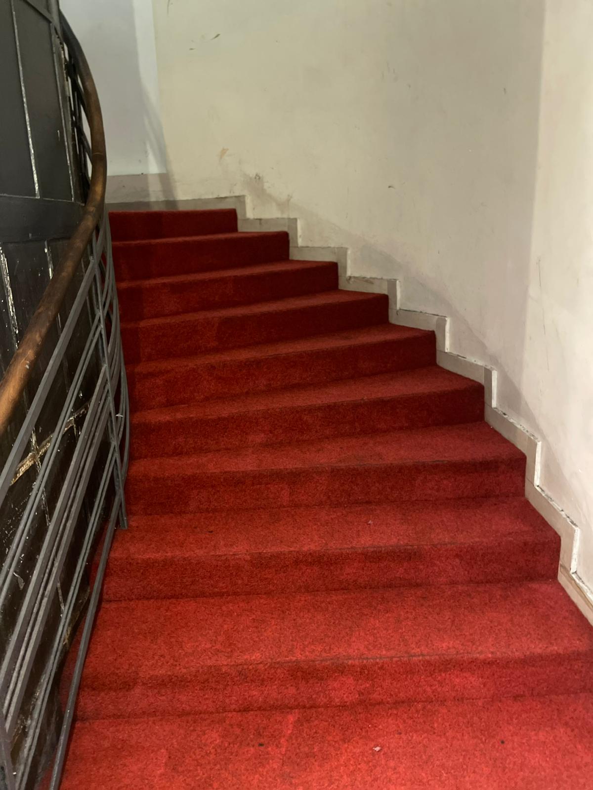 Red carpeted staircase with a metal handrail and white walls.