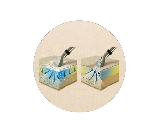 Illustration showing two soil cross-sections with water spraying into the ground, demonstrating water infiltration and movement through soil layers.