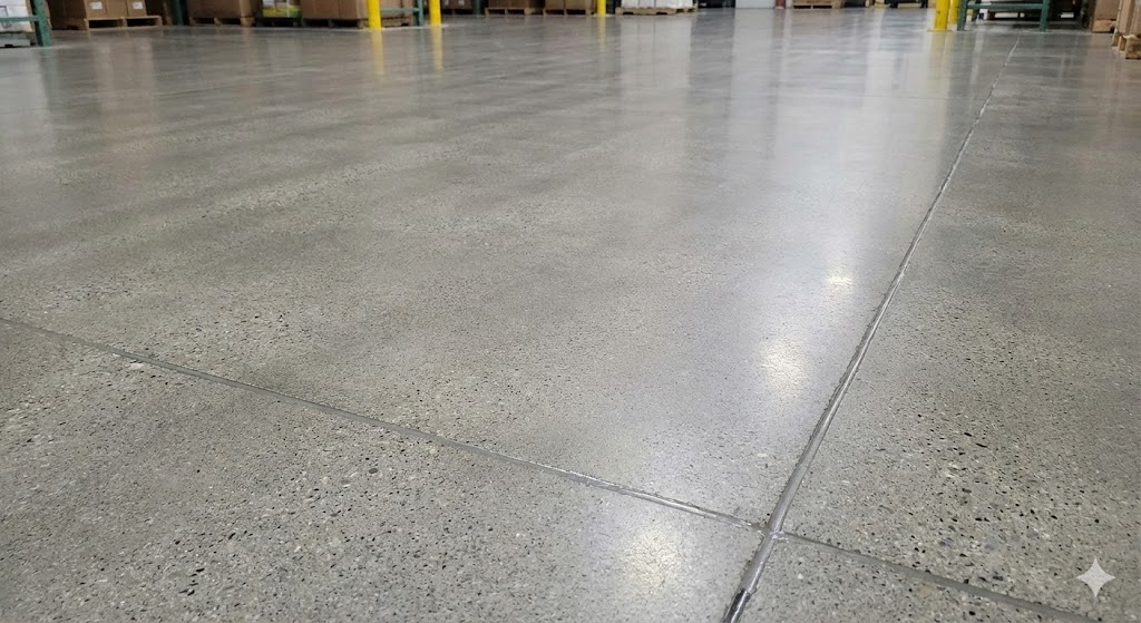 Polished concrete floor with visible expansion joints in a large warehouse or industrial space.