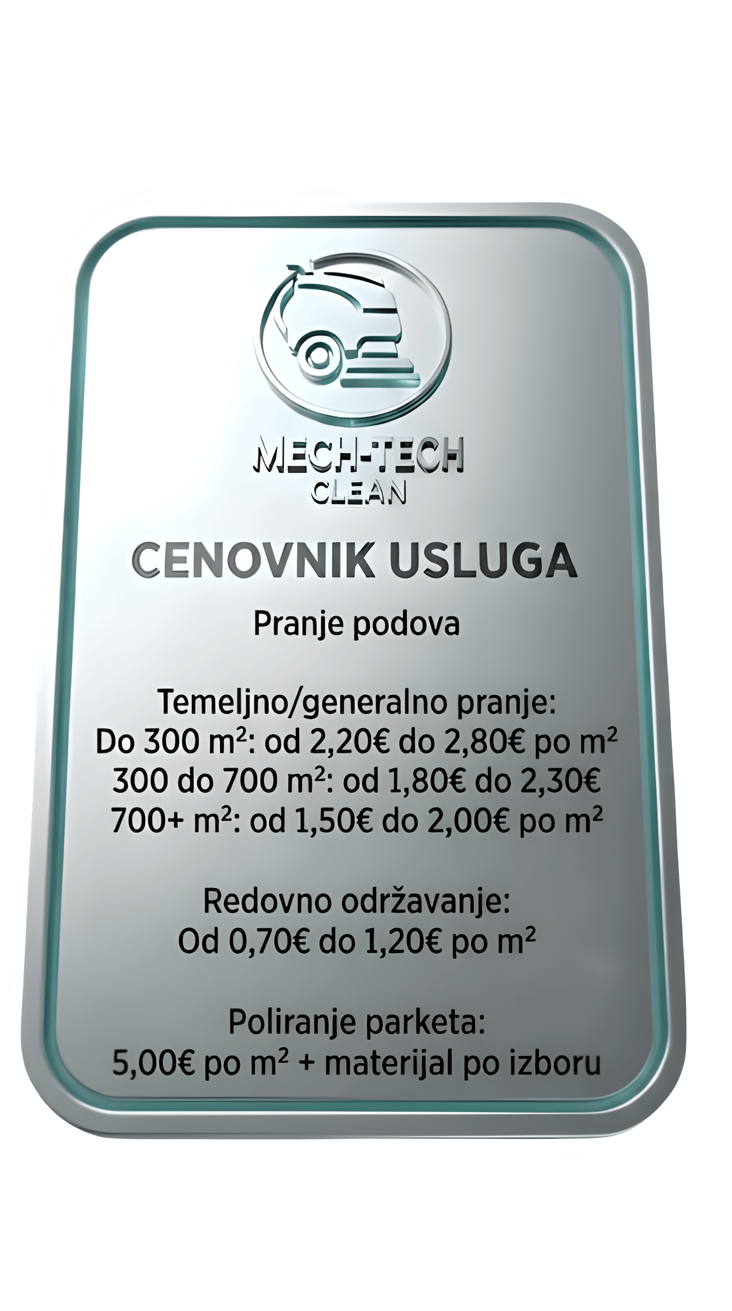 Price list for Mech-tech clean floor cleaning services with rates based on square meters for thorough and regular maintenance.