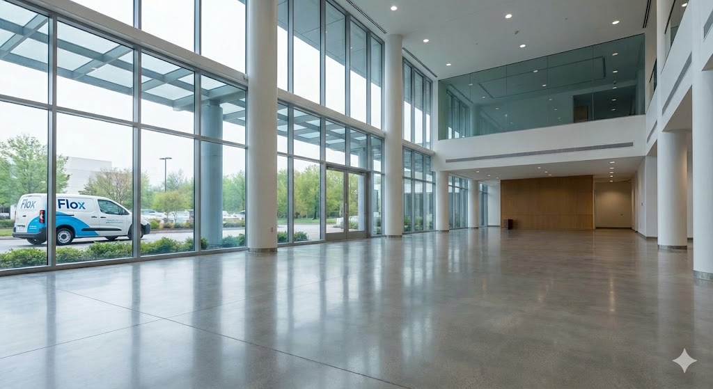 Spacious empty modern lobby with polished floors and large floor-to-ceiling glass windows overlooking a parking lot with a white van outside.