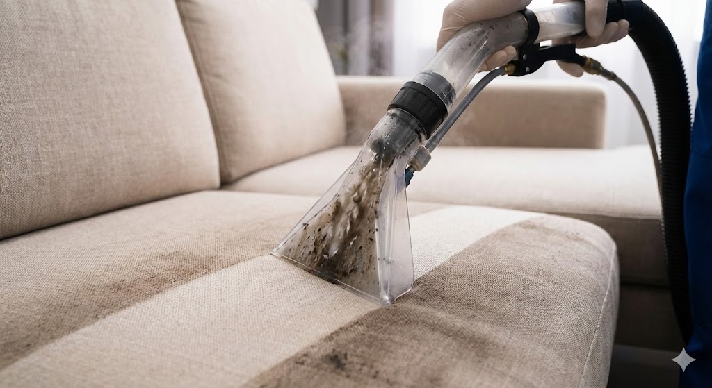 Hand using a vacuum upholstery cleaner to extract dirt from a beige fabric sofa cushion.