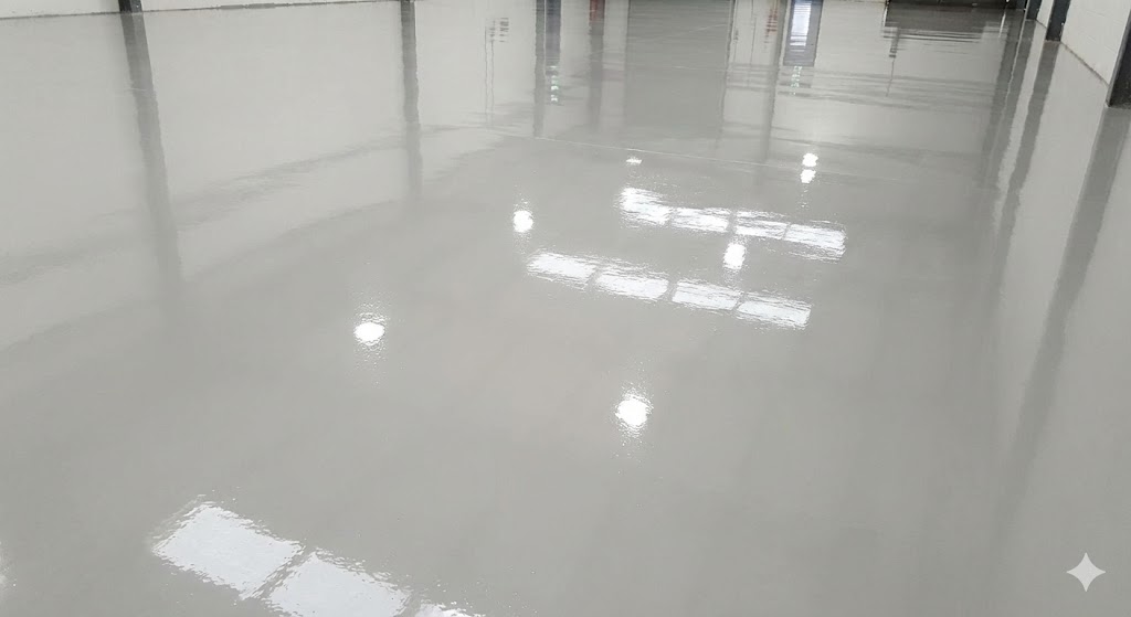 Shiny, smooth light gray epoxy-coated concrete floor in an empty industrial or commercial space reflecting overhead lights and windows.