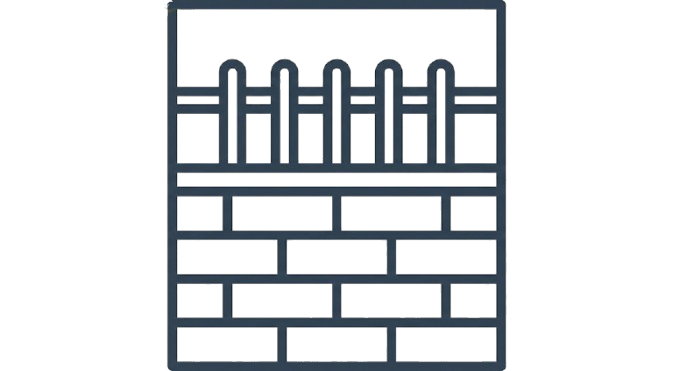 Stylized blue line drawing of a brick wall topped with vertical metal fence bars within a rectangular frame.
