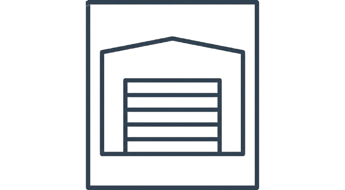 Icon of a warehouse building with a closed sectional door inside a square border.