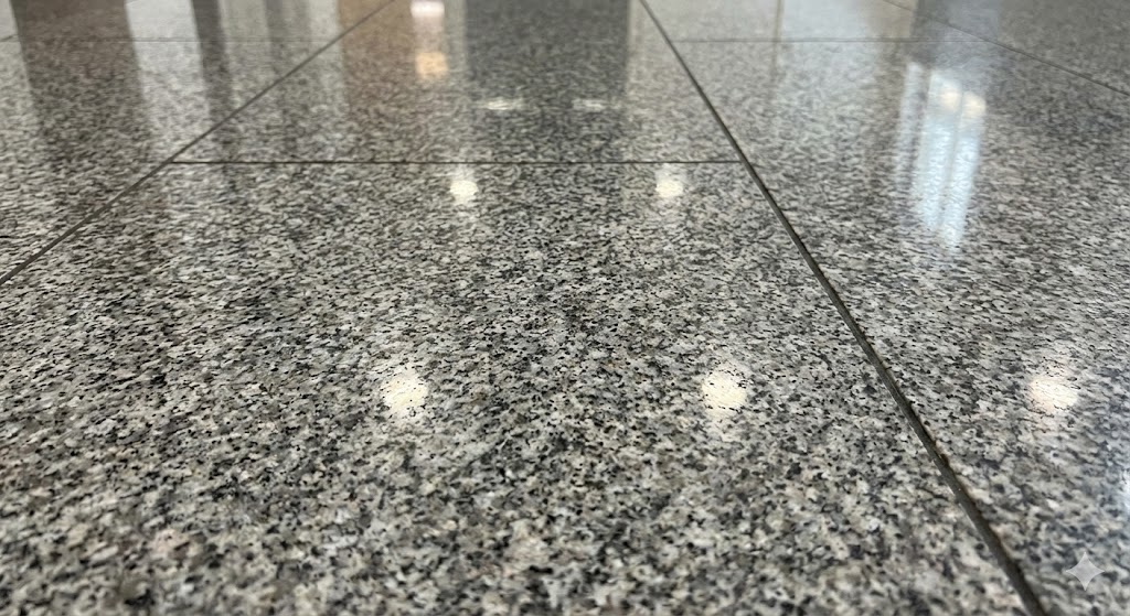 Polished gray granite floor tiles with visible grout lines and reflections of overhead lights.