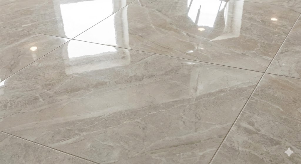 Glossy beige marble floor tiles with reflections of windows and ceiling lights.