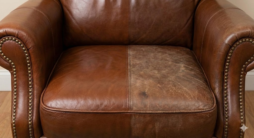 Close-up of a brown leather armchair with one side of the seat cushion appearing clean and polished, and the other side worn and faded.