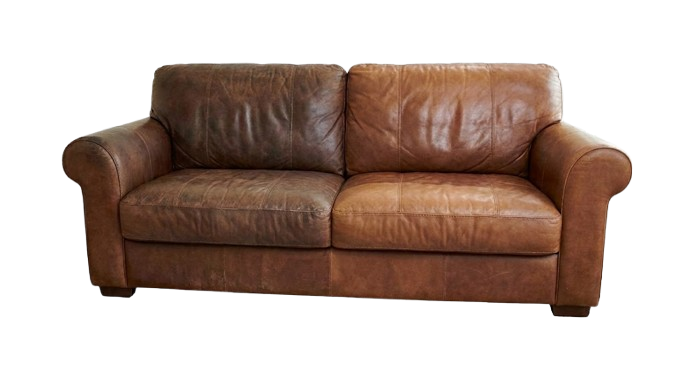 Two-seater brown leather sofa with rounded armrests and cushioned back and seat.