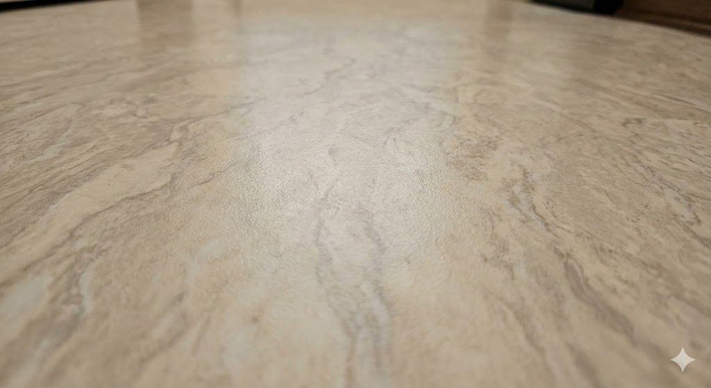 Close-up of a beige and light brown marbled linoleum floor with a textured surface.