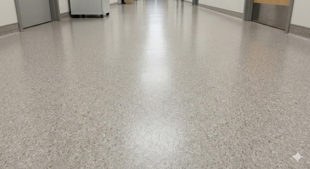 Smooth, polished light gray terrazzo floor in a hallway with doors and cabinets along the walls.