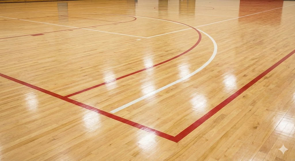 Close-up of polished wooden basketball court floor with red and white boundary lines.