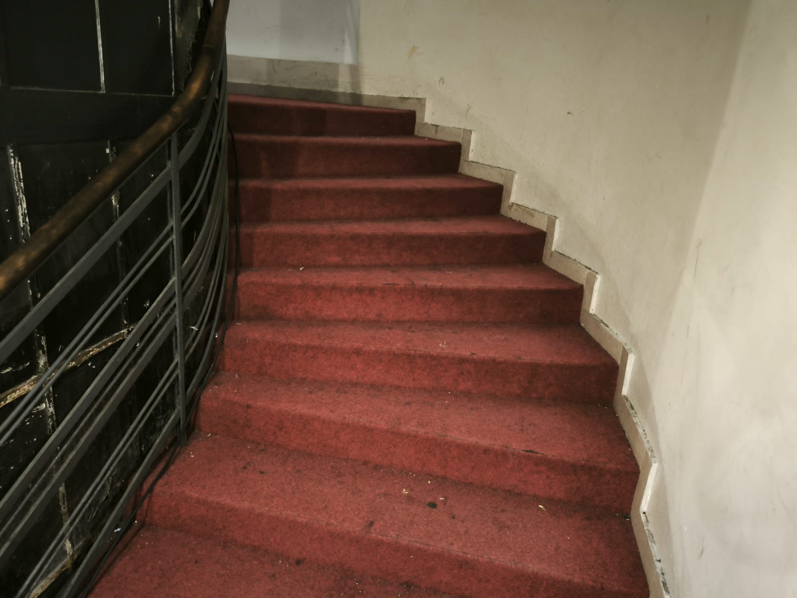 Worn red-carpeted staircase with metal railing on the left and a plain white wall on the right.