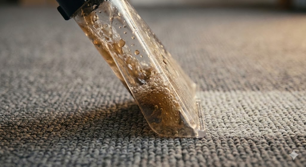 Close-up of a vacuum cleaner nozzle extracting dirt and liquid from a carpet.