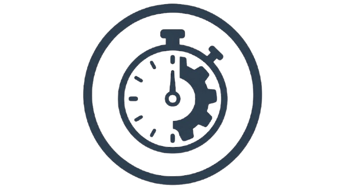 Icon of a stopwatch with half of its face overlaid by a gear, symbolizing time and mechanical process.