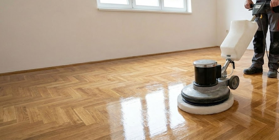 Person using a floor polishing machine on shiny wooden parquet flooring in a bright room.