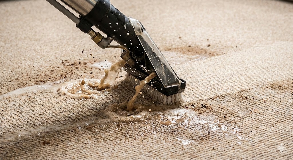 Carpet cleaning machine spraying water and cleaning dirt from carpet fibers.