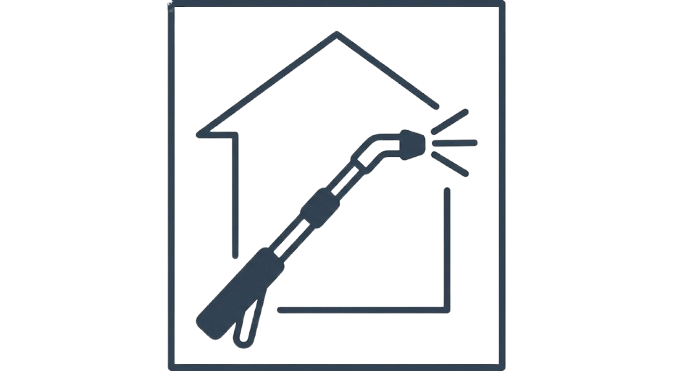 Icon of a welding torch emitting sparks inside a house outline.