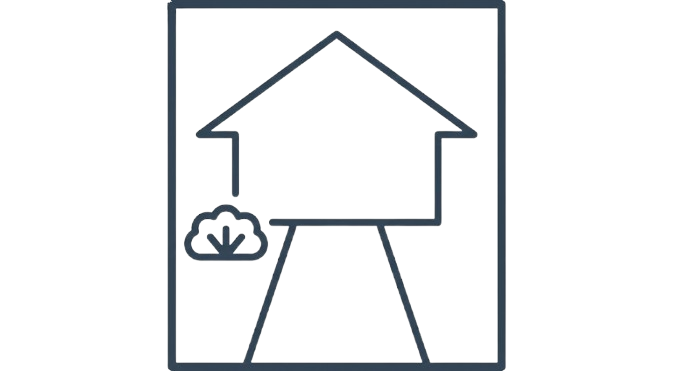 Outline icon of a house with a pathway leading to it and a bush on the left side within a square border.